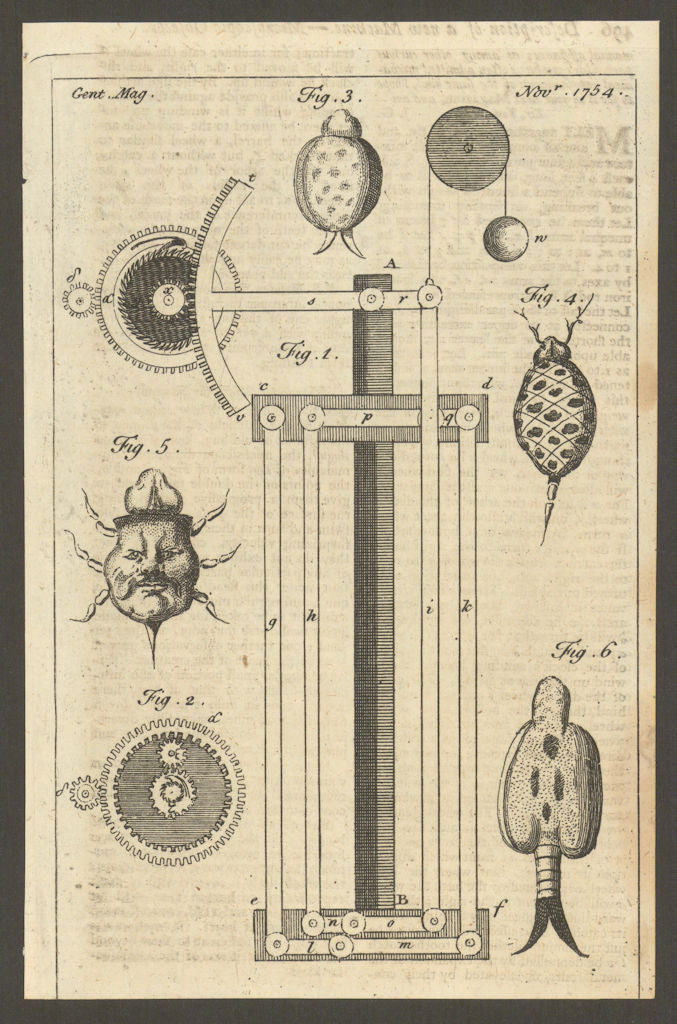 A Machine for winding up clocks. Animalculi / Protozoa. Gent's Mag 1754 print